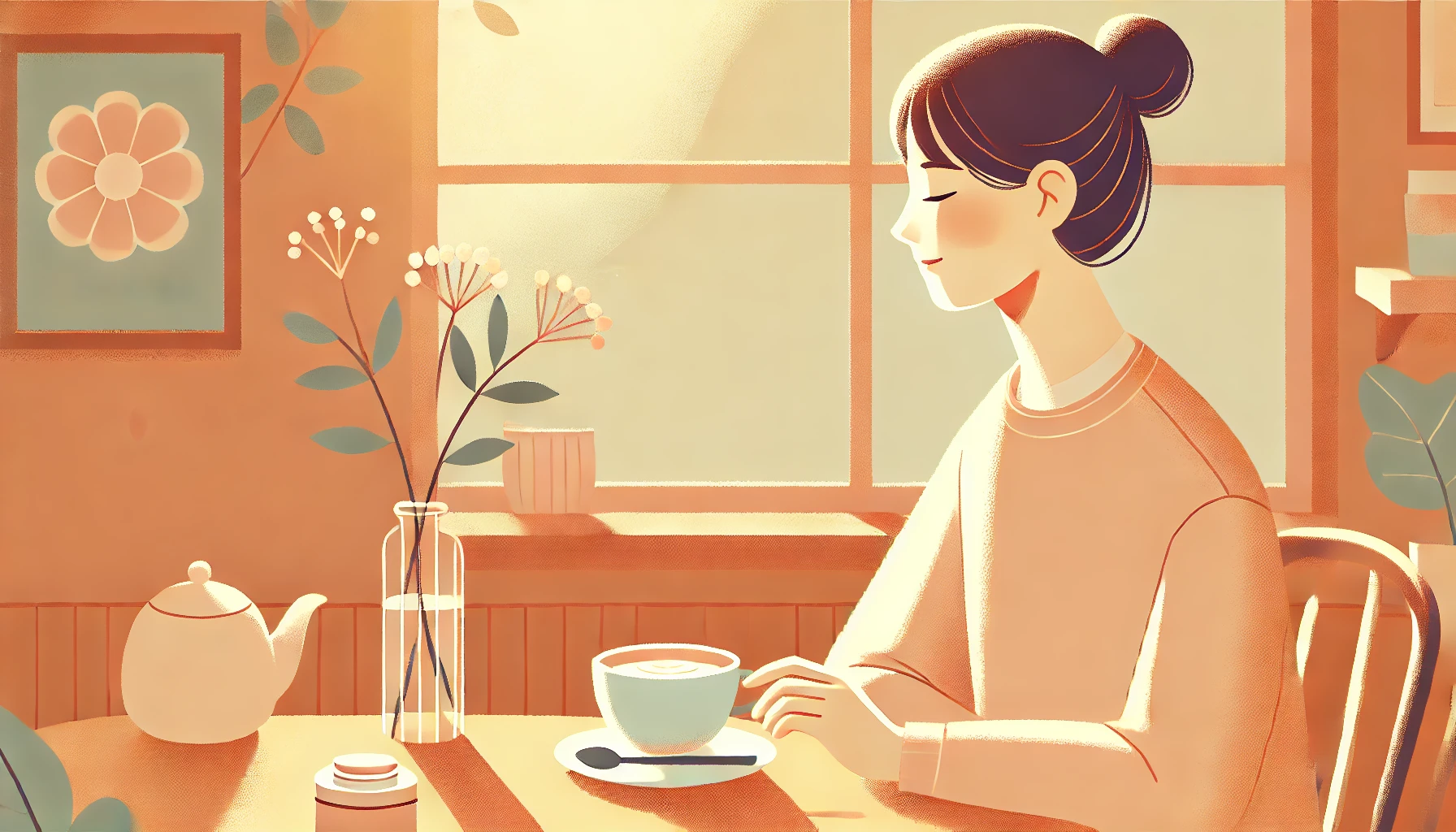 突発性難聴とコーヒー。サンライトの差し込むカフェで、コーヒーを前に思索する女性のイラスト。温かみのある色調で描かれている。