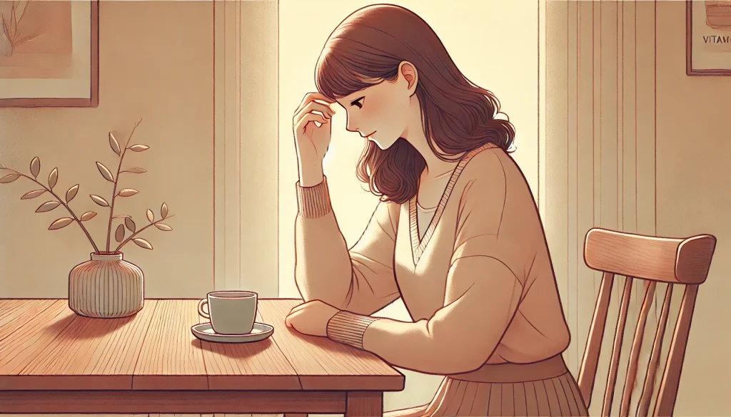 突発性難聴とコーヒー。テーブルに座り、コーヒーを見ながら頭に手を添える日本人女性のイラスト。