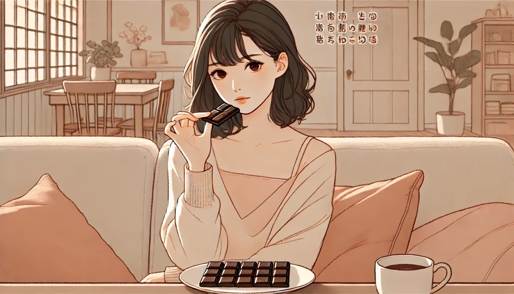 突発性難聴とコーヒー。ソファに座り、チョコレートを口元に近づけて考え込む日本人女性のイラスト。