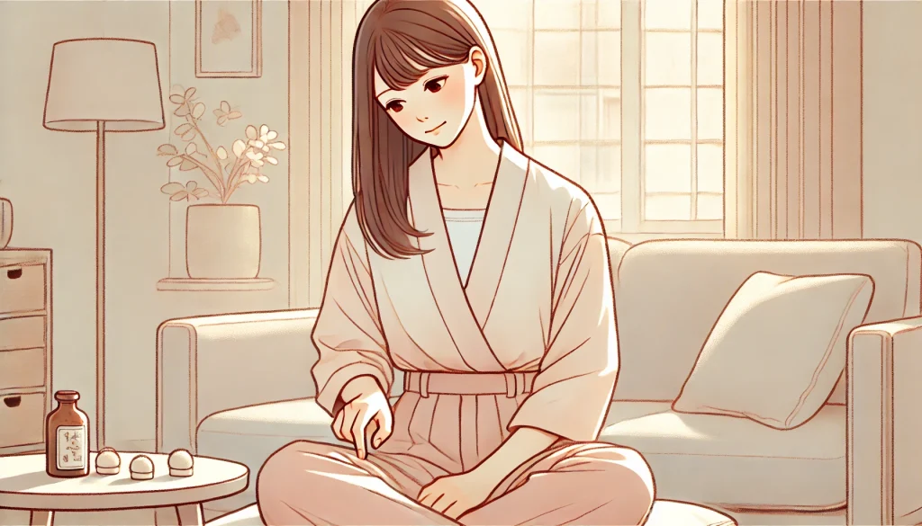 突発性難聴とコーヒー。リラックスして静かな部屋でツボを押す女性。