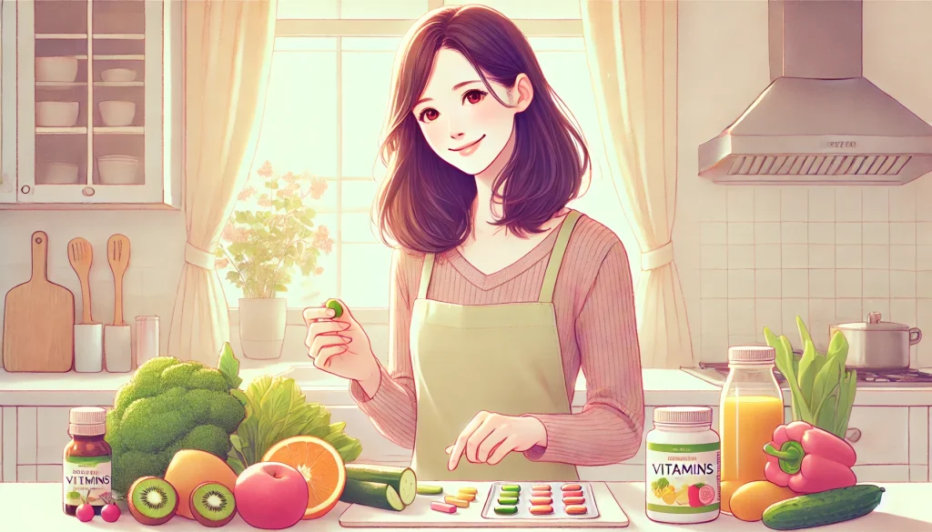 突発性難聴とコーヒー。明るいキッチンで、ビタミンを含む食材やサプリを並べながら料理を準備する女性のイラスト。