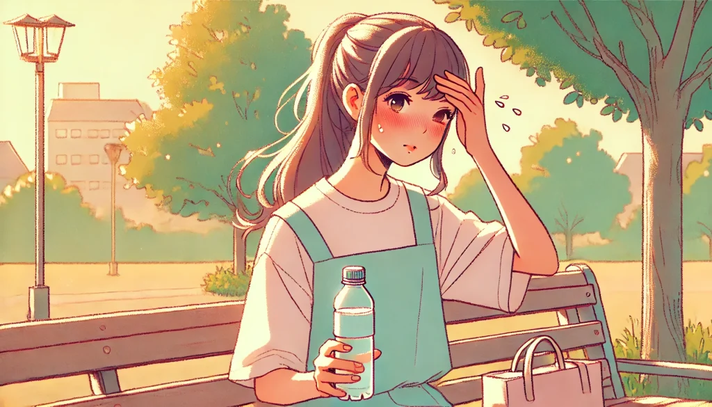 突発性難聴とコーヒー。公園のベンチに座り、水筒を片手に額を拭う女性のイラスト
