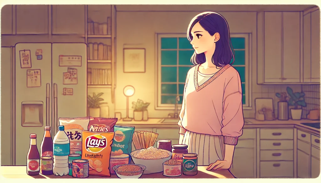 突発性とコーヒー。 暖かい照明のキッチンで、ジャンクフードが並んだテーブルを見つめている女性のイラスト。