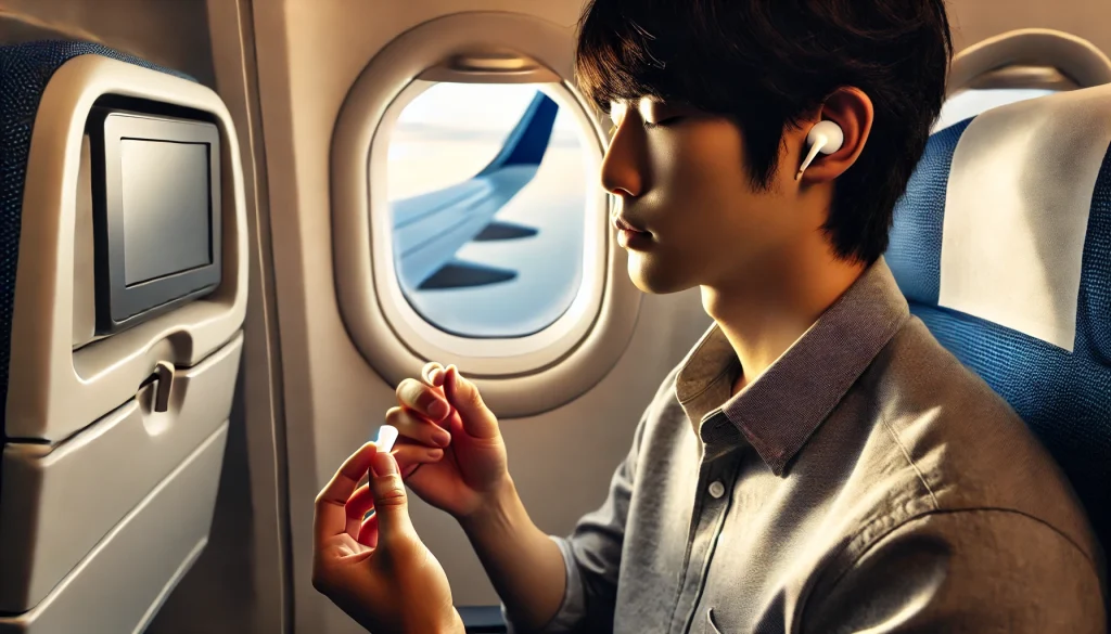突発性難聴と飛行機。飛行機の座席に座る男性が、離陸前に専用の耳栓を耳に装着している。