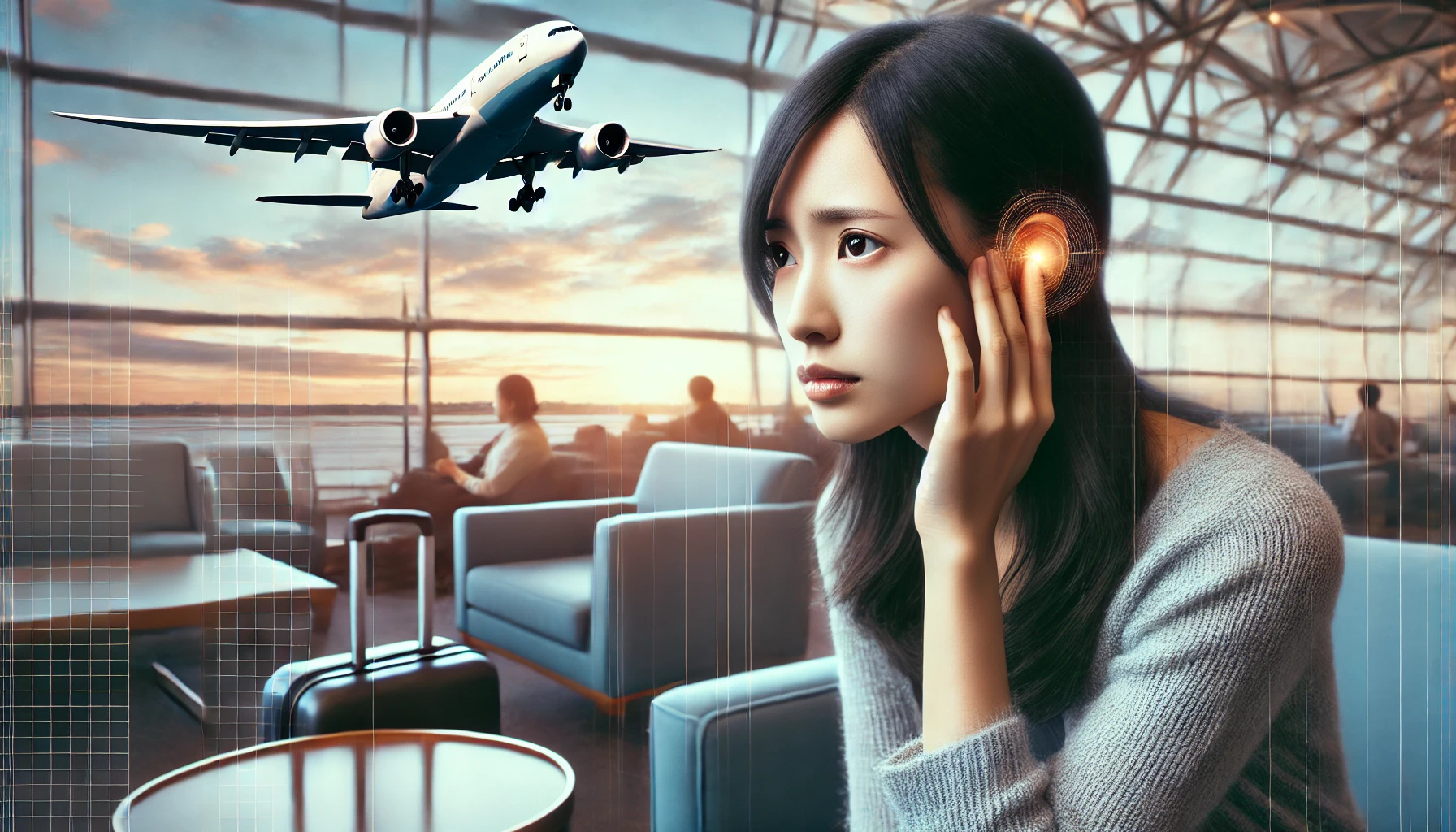 突発性難聴と飛行機。空港のラウンジで耳を押さえ、不安そうな表情を浮かべる日本人女性。背景には飛び立つ飛行機がぼんやりと浮かんでいる。