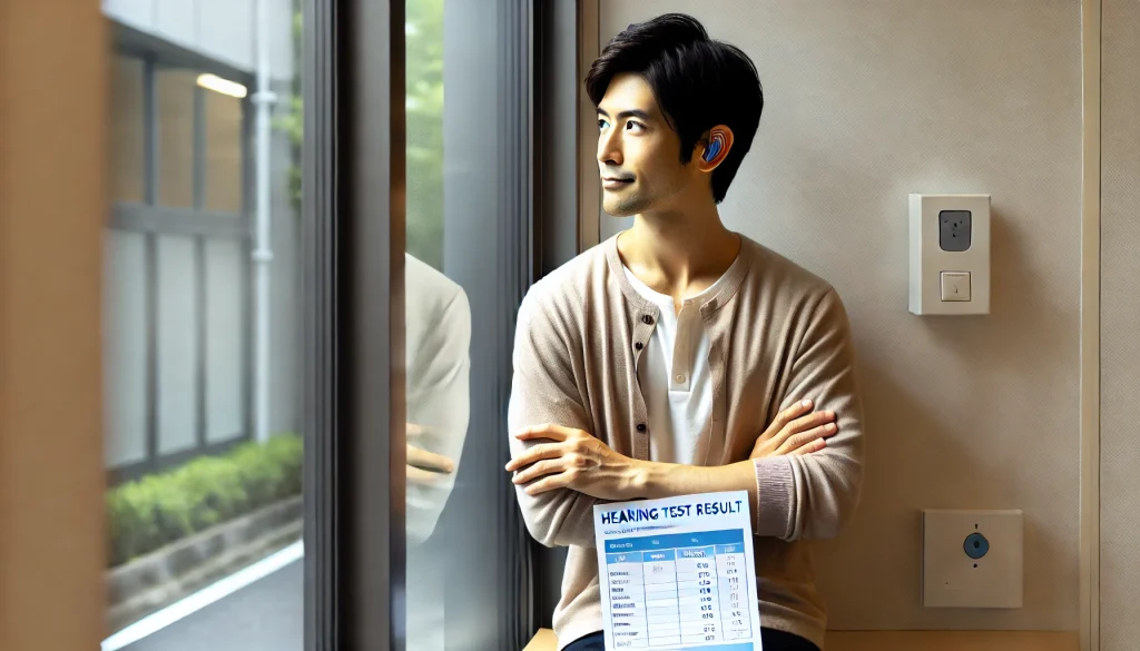 突発性難聴と飛行機。窓際で、聴力検査の結果用紙を手に持ち、希望に満ちた表情で外を見つめる30代の男性。