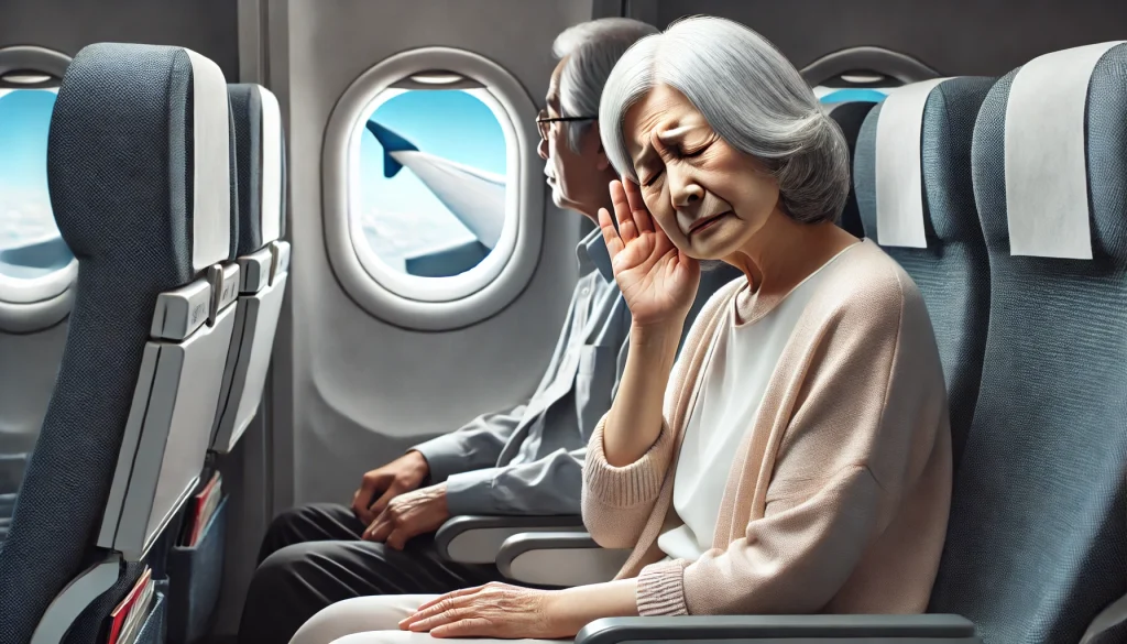突発性難聴と飛行機。飛行機の座席に座る高齢の日本人女性が耳を押さえて苦しそうな表情を浮かべている。
