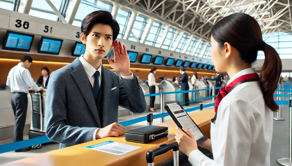 突発性難聴と飛行機。チェックインカウンターで航空スタッフに相談する日本人の若いビジネスマン。耳に手を当てて不安そうな様子。