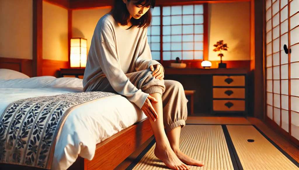自律神経失調症でぴくつき、女性が自宅のベッドに座り、ふくらはぎをやさしくマッサージしている様子。
