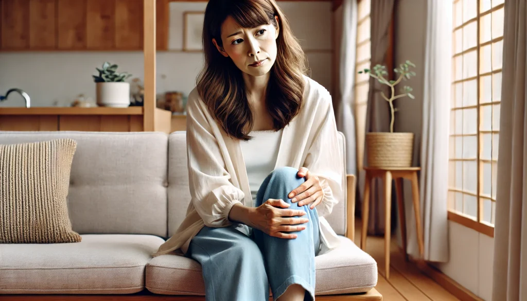 自律神経失調症でぴくつき、女性がソファで複数の部位を気にして触っている様子。