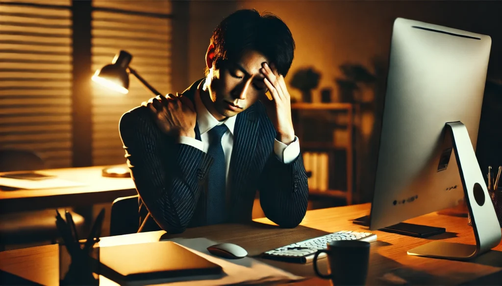夜のオフィスで机に向かい、疲れた表情でぴくつく肩やこめかみを押さえる男性。
