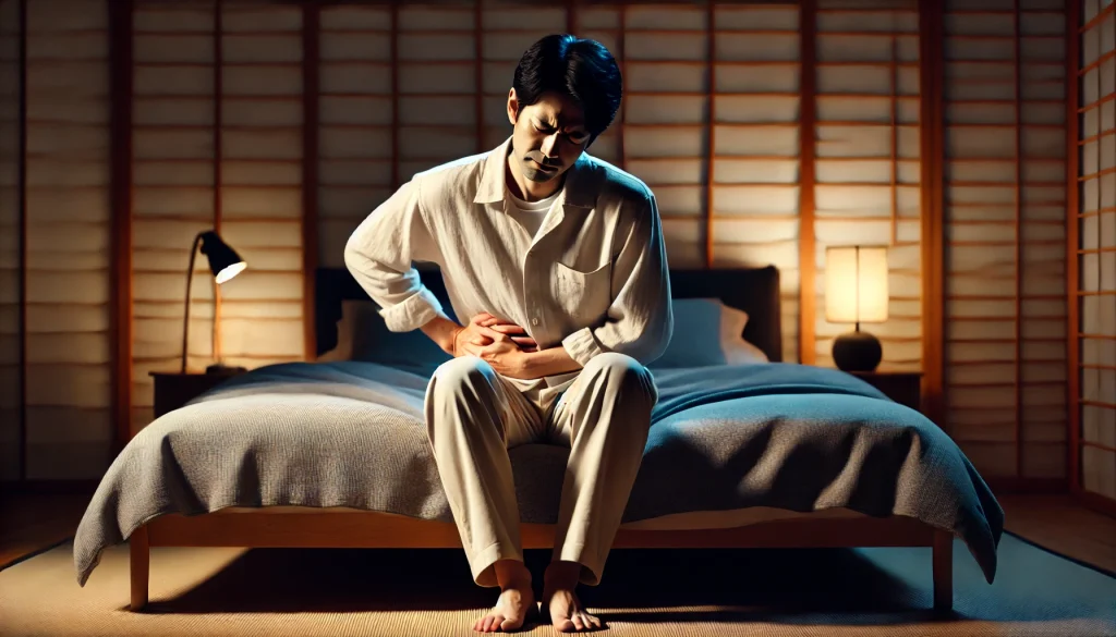 夜の寝室で足の付け根を押さえて辛そうな表情の男性。