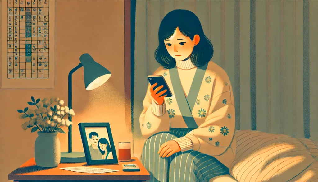 女性が、夜のベッドに座りながらスマートフォンを見つめている。感情的に疲れた表情で、隣のテーブルにはカップルの写真立てが置かれている。