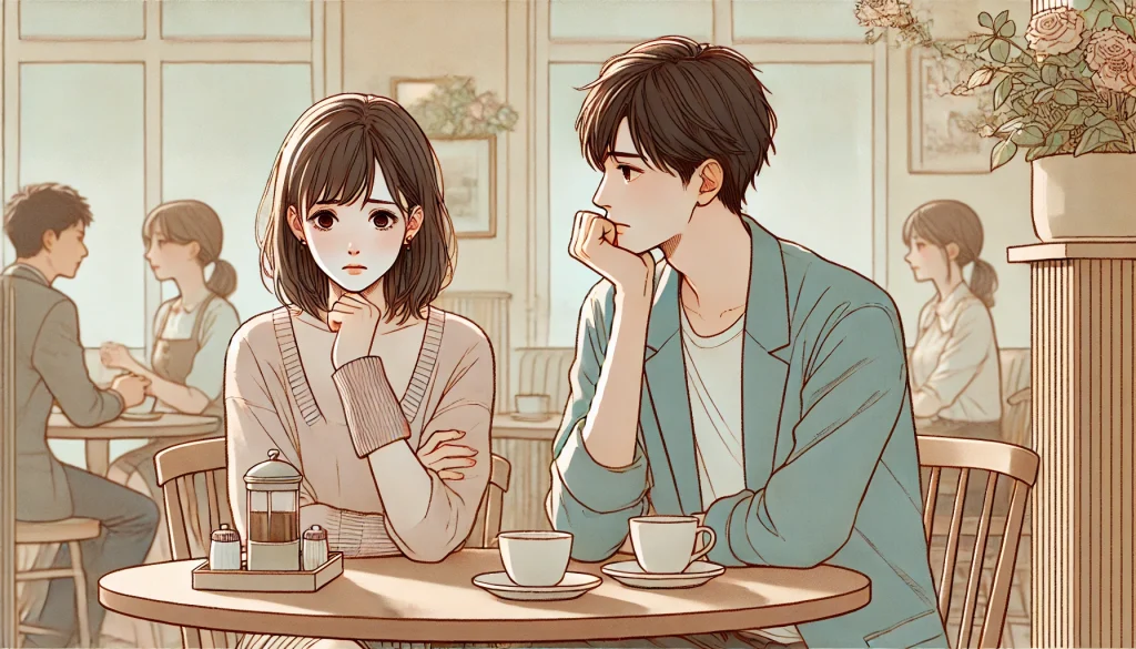 カフェのテーブルで向かい合う20代後半の日本人カップル。女性は感情的に動揺しており、男性はやや距離を置いた表情。