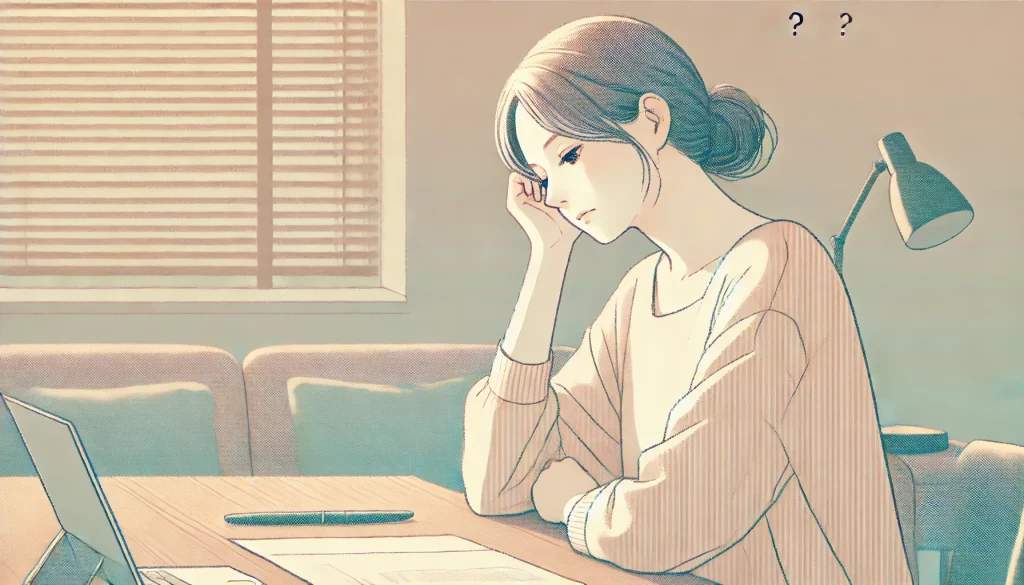 薄明かりの部屋で、感情が湧かず、疲れたような表情をして机にひじをついてうつむく30代前半の女性。