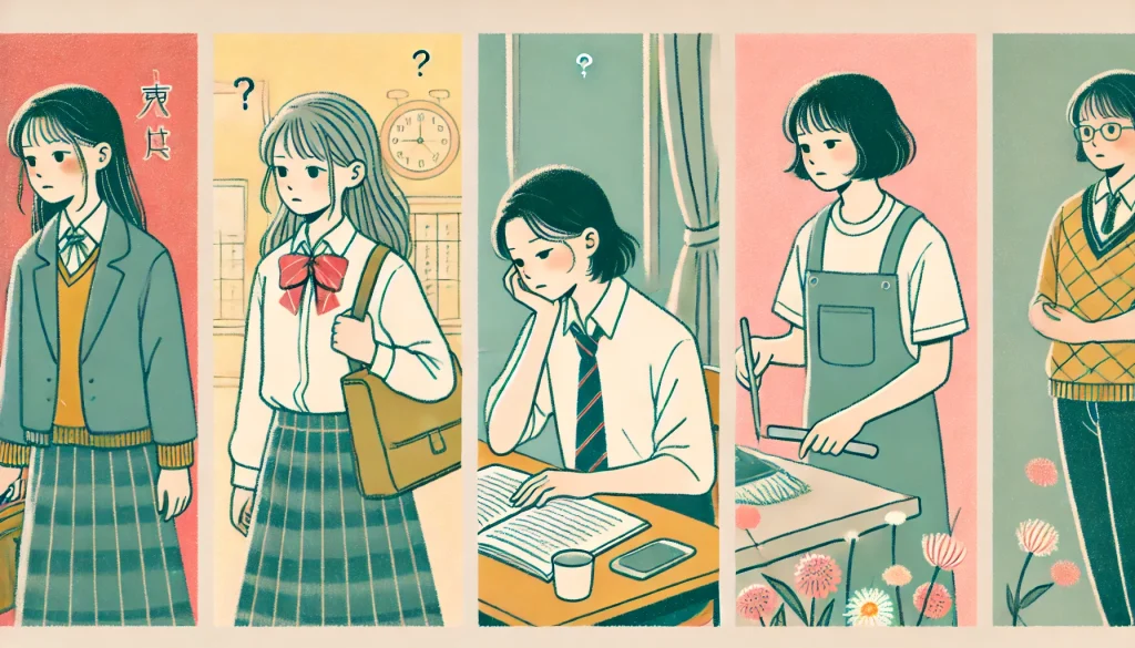 疲れた様子の女性たち：制服姿の10代、オフィスで疲労感を見せる20代後半、家事をする40代。それぞれのライフステージでのストレスを描いた画像。