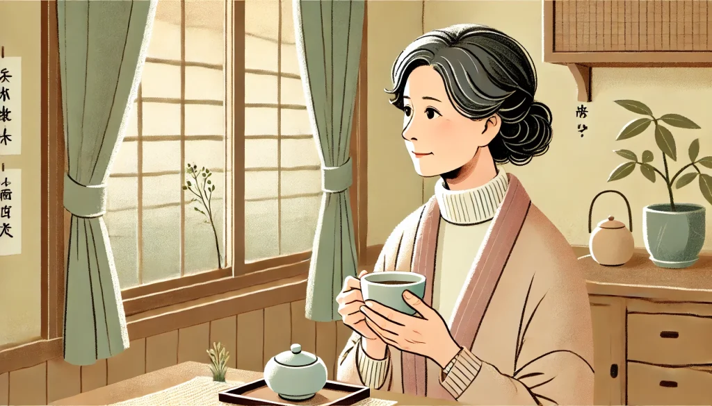 60代の女性が窓辺でお茶を飲みながら静かに外を見つめている。