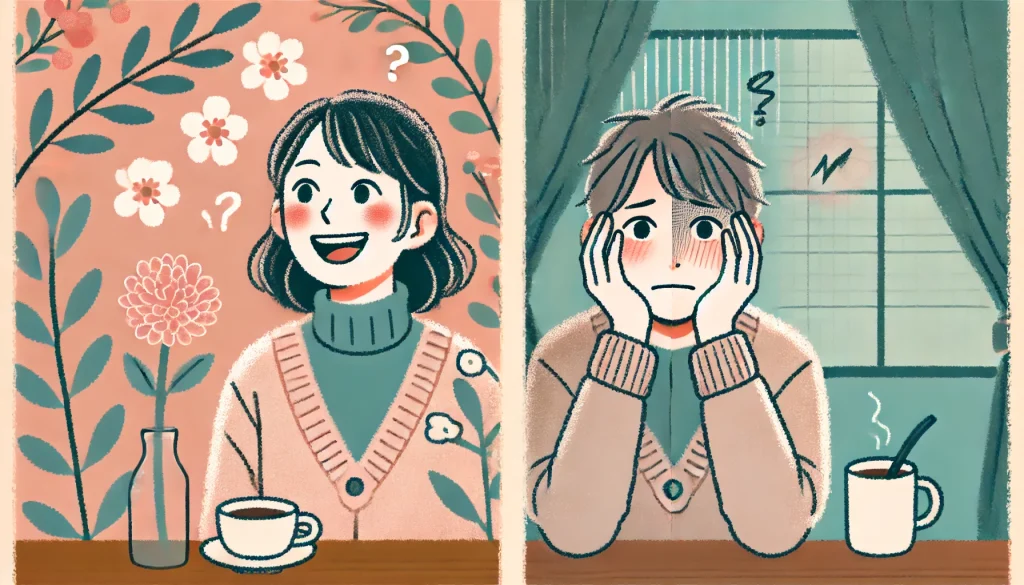 20代後半の日本人女性が、カフェで微笑む場面と自宅で不安そうに座る場面の2つのシーンに描かれている。恋愛による自律神経の揺れを表現したコントラストある二人の画像