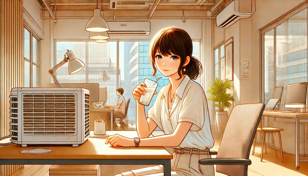 自律神経失調症、暑さに弱い。夏のオフィスで疲れた様子の女性が冷たい飲み物を持ち、エアコンと卓上ファンの風を浴びている様子のイラスト。