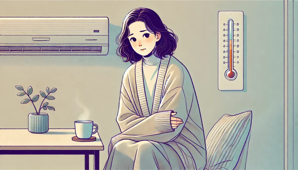 自律神経失調症、暑さに弱い。冷房が効いた部屋で、ブランケットを膝にかけて寒さに耐えている30代の女性のイラスト