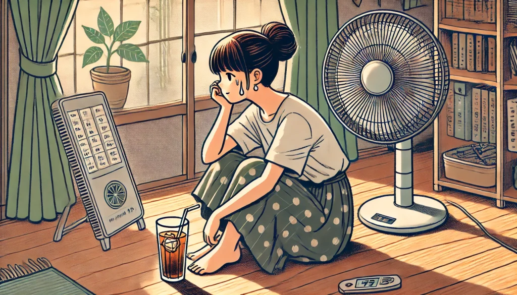 自律神経失調症、暑さに弱い。夏の午後、木の床に座り込み、疲れた表情を見せる30代の女性のイラスト。窓から自然光が差し込み、そばにアイスティーと扇風機がある。