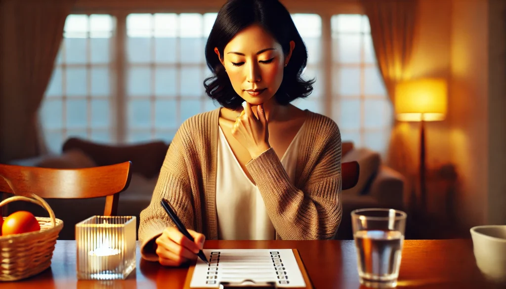自律神経失調症と関節痛。女性が自宅のテーブルでチェックリストに記入している。