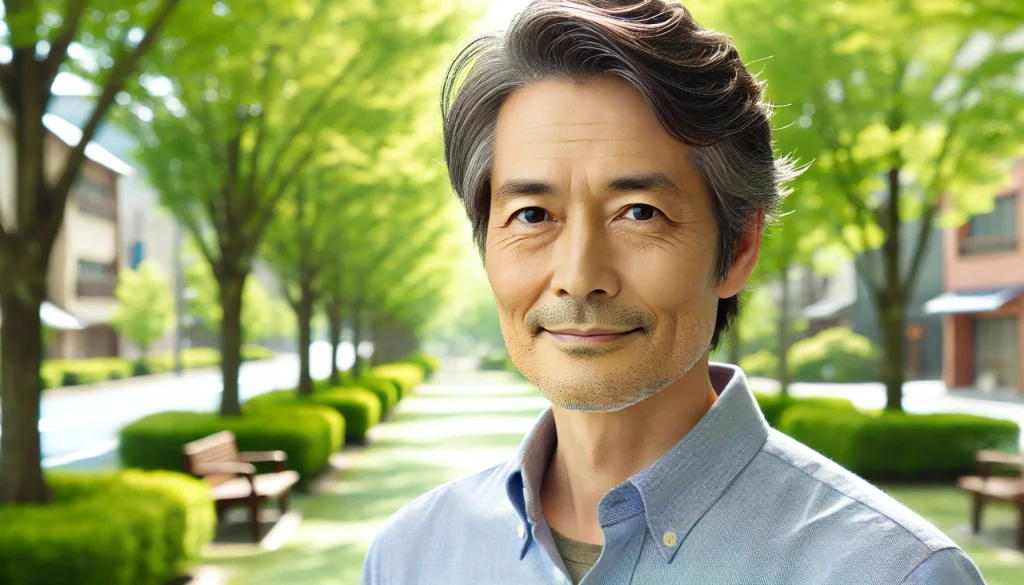 自律神経失調症と関節痛。公園を男性が晴れた日にリラックスした様子で散歩している。