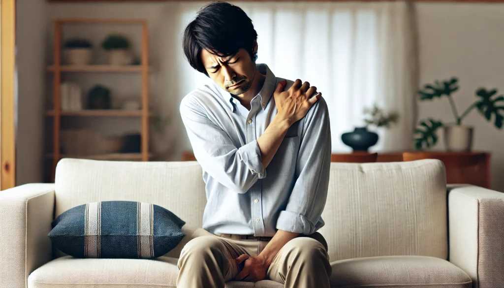 自律神経失調症と関節痛。男性がソファで肩を押さえて痛みに耐えている様子。