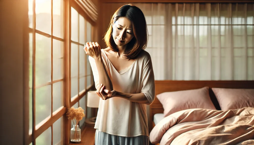 自律神経失調症と関節痛。女性が、肘に手を当て足元を見つめながら、複数の関節の違和感に気づいている様子。