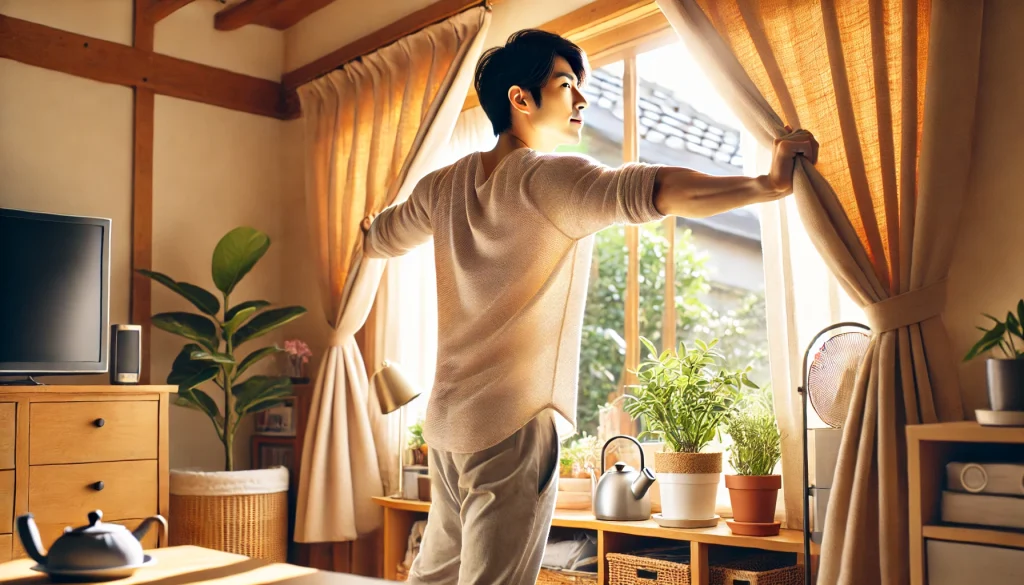 朝、自宅でカーテンを開けて日光を取り入れようとする男性。室内は明るく整えられ、植物や温かい光が差し込む。
