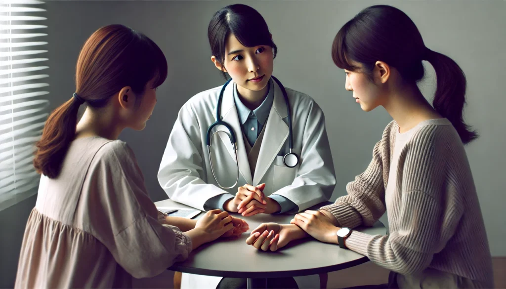 医師と2人の女性が診察室のテーブルでしっかり向き合い、相談している。1人は腫れた手を持ち上げており（膠原病の症状）、もう1人は手首に自然な形で触れている（自律神経の不調を示唆）