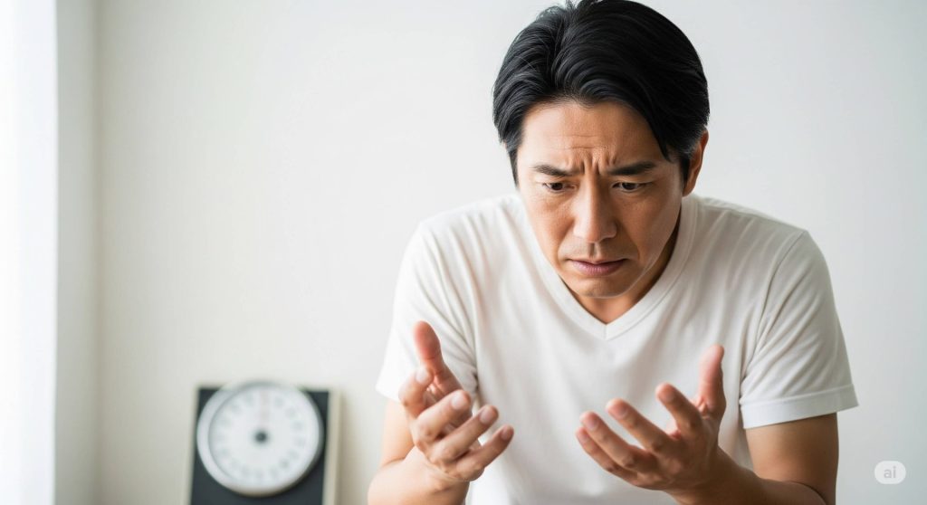夏バテによる体重減で、体重計を見て心配そうな表情の日本人男性