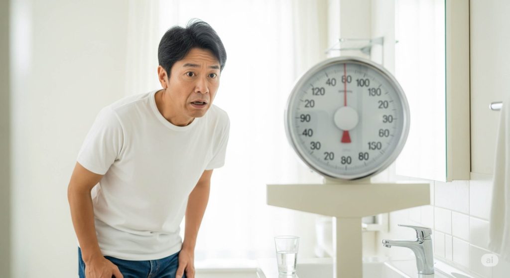 夏バテによる体重減少。体重計の表示を見て驚く日本人男性。