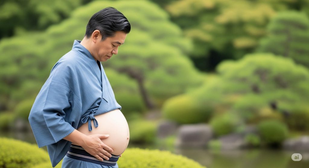 お腹を触り、不思議そうにしている日本人男性。