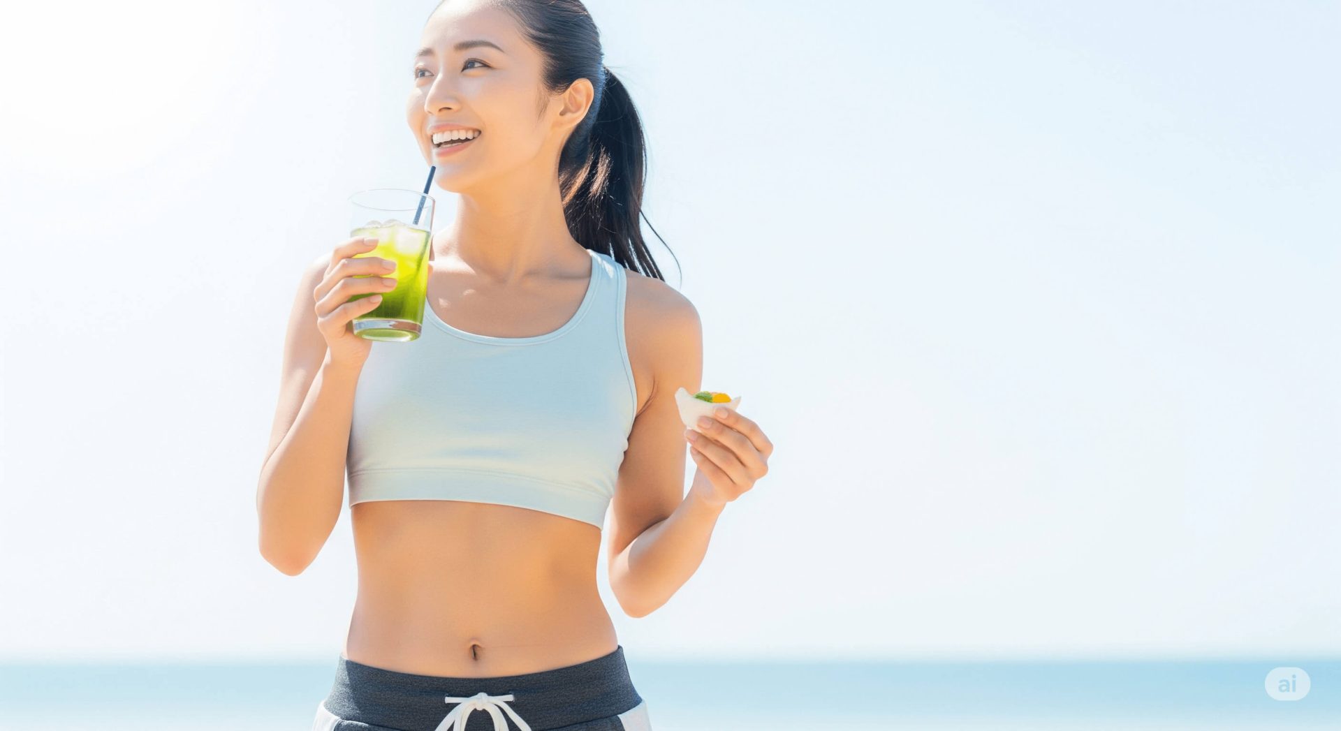 健康的で活動的な日本人女性が、夏の食事や飲み物を楽しんでいる様子。