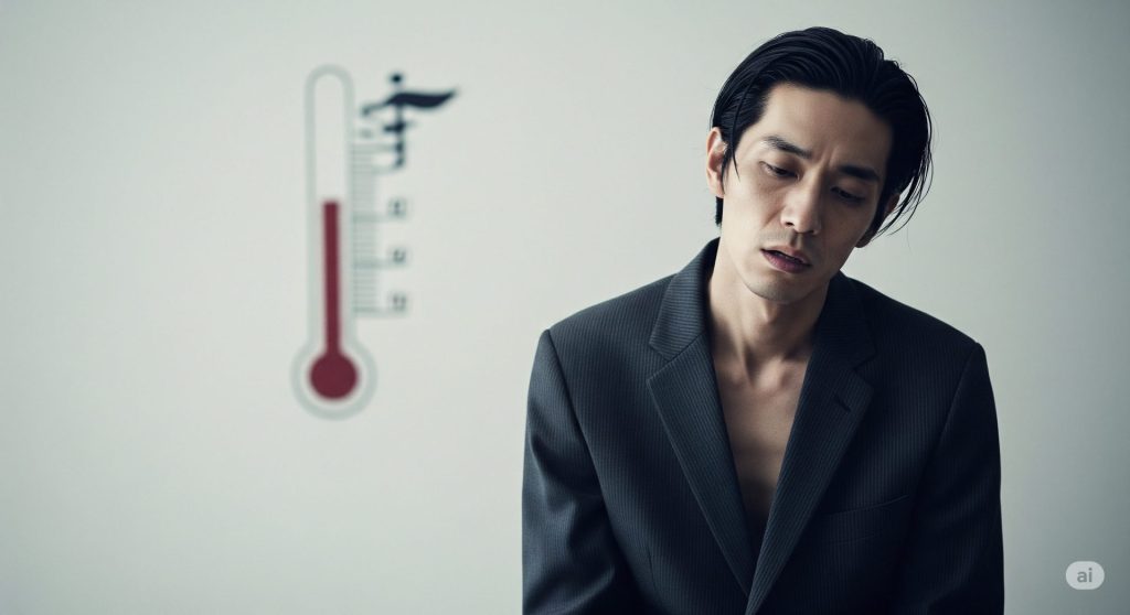 夏バテで疲弊して弱々しい様子の日本人男性