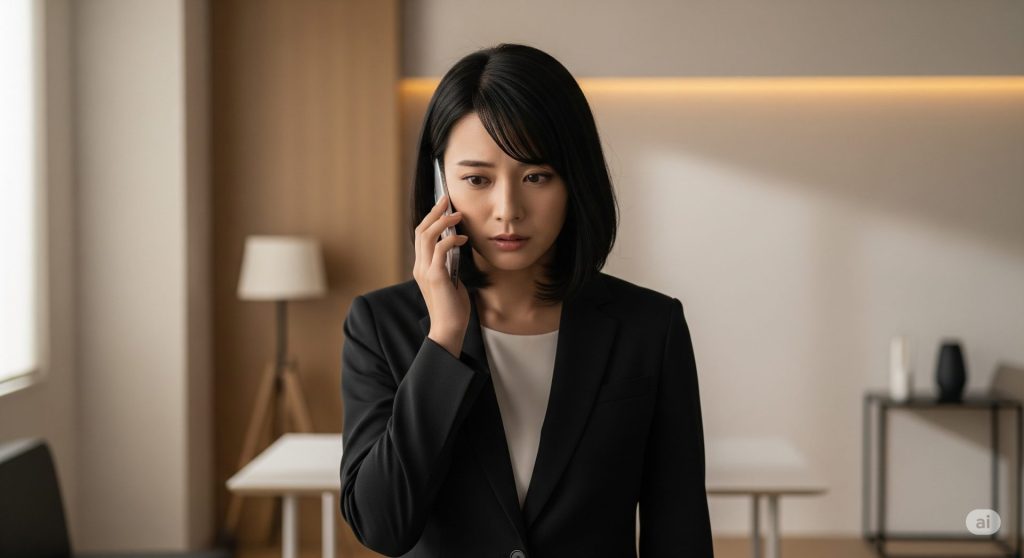 夏バテによる体調不良での連絡を入れる、緊張して面持ちの女性