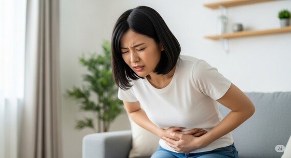 夏バテで体調を崩し、胃腸の痛みに苦しむ女性の画像