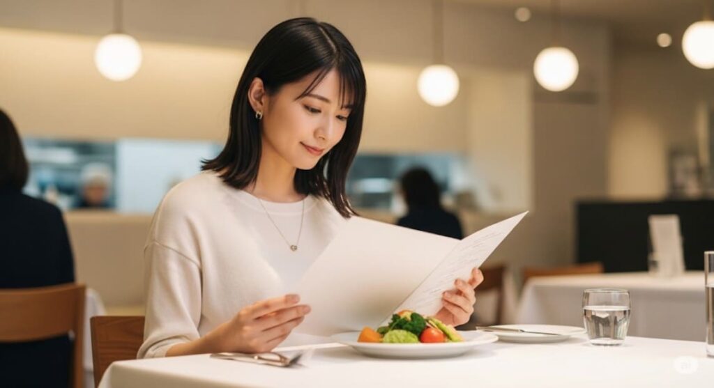 夏バテ対策で外食を選び、レストランでメニューを慎重に選ぶ日本人女性の画像