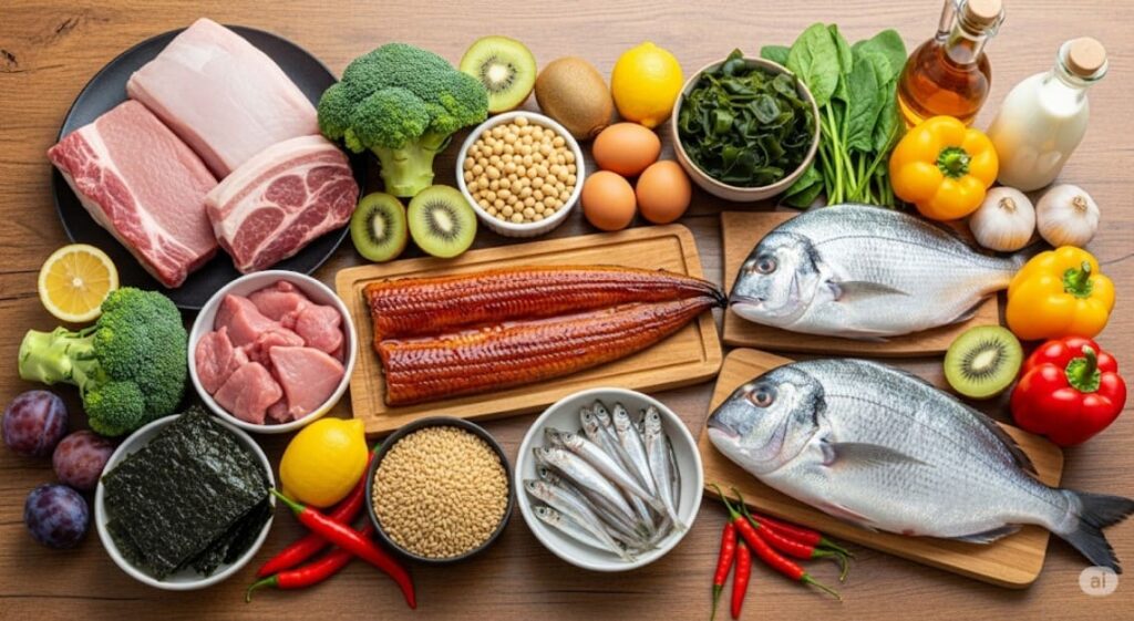 豚肉、うなぎ、大豆製品、玄米、肉類、魚介類、卵、梅干し、レモン、お酢、柑橘類、ピーマン、ブロッコリー、キウイ、海藻類、ほうれん草、牛乳、小魚など、夏バテ対策に重要な栄養素を多く含む食材の画像