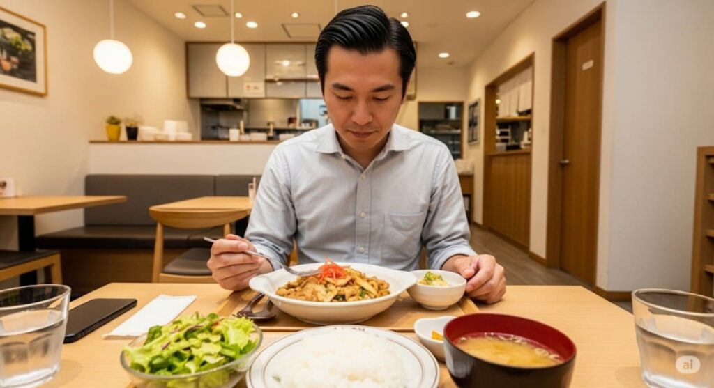 夏バテ対策を意識して、豚の生姜焼き定食を食べる日本人男性の画像