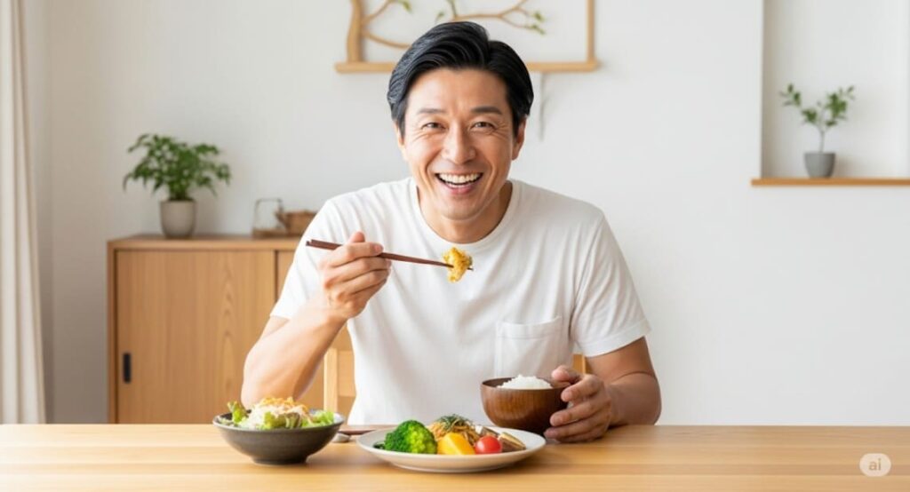 夏バテ対策に健康的な食事を摂り、活力を取り戻した日本人男性の画像