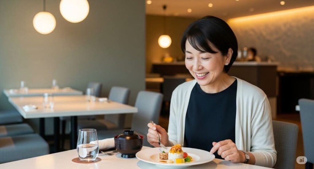 夏バテ対策にレストランでリラックスして食事を楽しむ日本人女性の画像