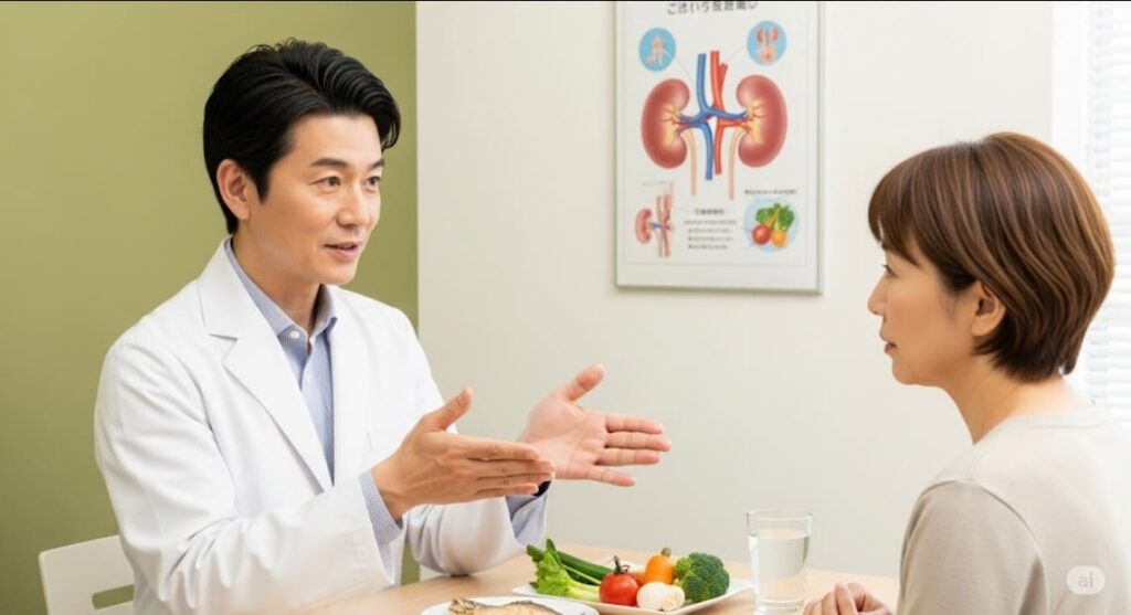 医師が夏バテ対策として、腎臓に配慮した食事と水分管理について日本人患者に説明している画像
