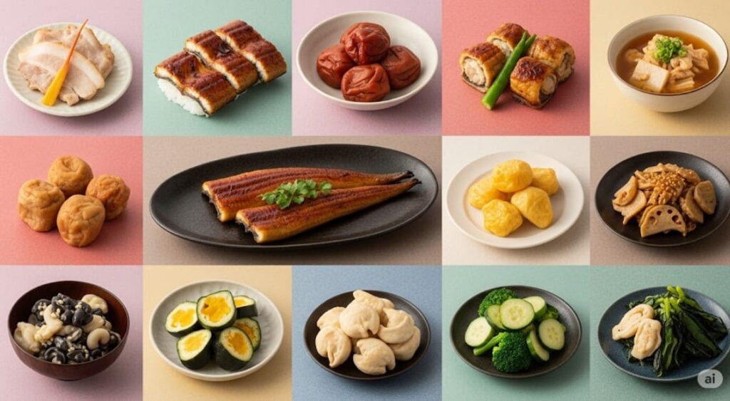 夏バテ対策に人気の日本の食材を視覚的に表現した画像