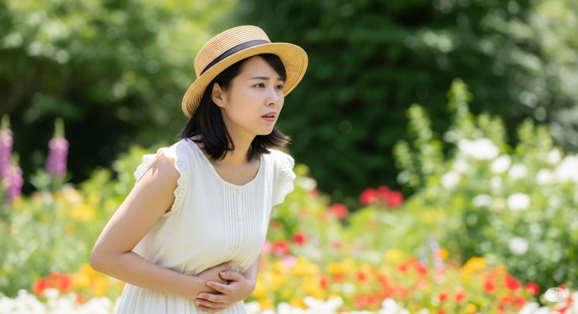 夏の暑さによる夏バテで、胃の不調や吐き気を催し気分が悪そうにしている日本人女性。
