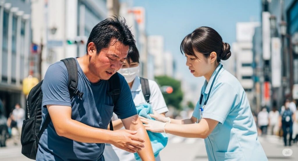 熱中症の不調で、解放される男性の画像
