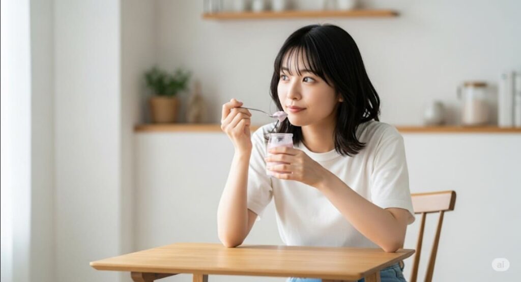 夏バテ対策にヨーグルトを食べる女性の画像