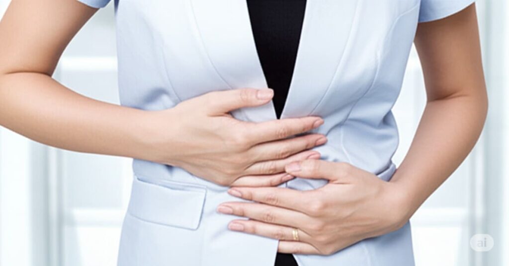 夏バテによる胃腸の不調で、お腹を抱える女性の画像