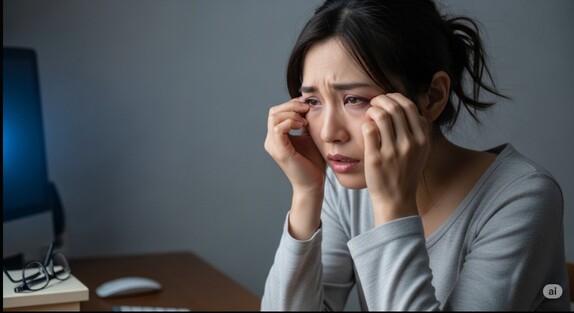 眼精疲労に悩む女性が目をこすっている画像。